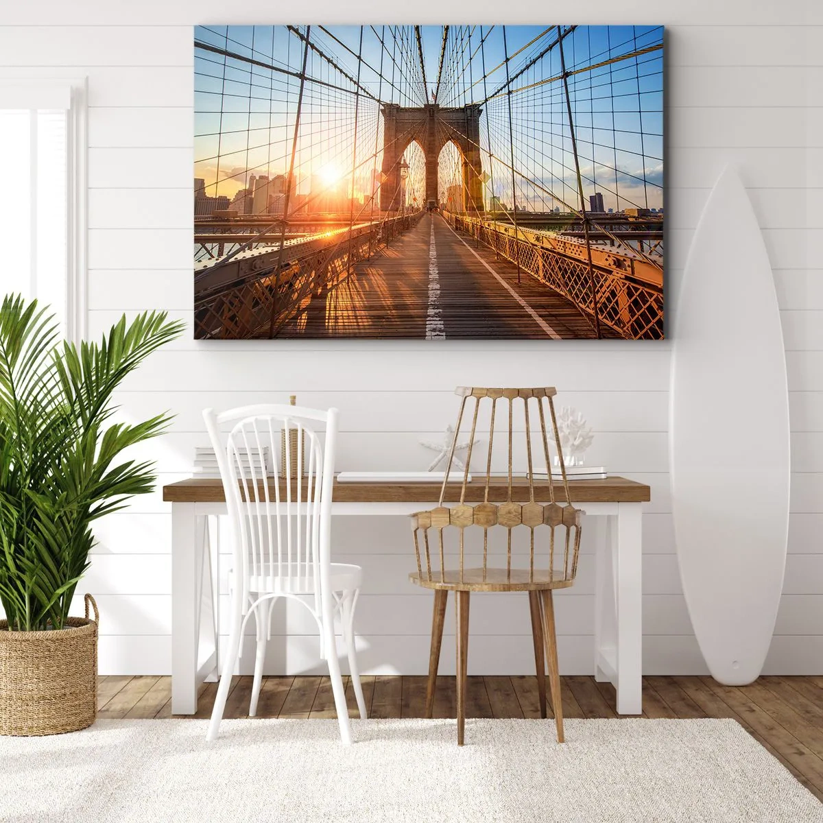 Impression sur toile - Image sur toile - Le pont à la lumière du soleil couchant avec vue sur la ville - 70x50cm - Sur le pont d'or - Décoration murale moderne pour le salon et la chambre ARTTOR
