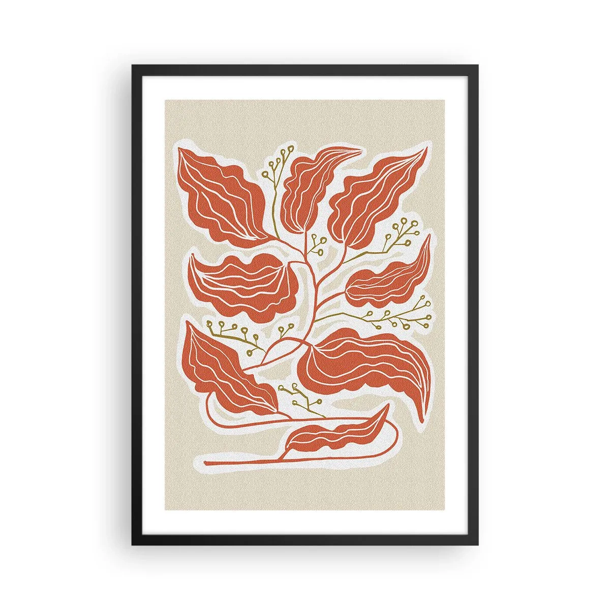 Affiche dans un cadre noir - Poster - Une composition abstraite de feuilles dans des tons orange et beige. - 50x70cm - Folk et coloré - Décoration murale moderne pour le salon et la chambre ARTTOR