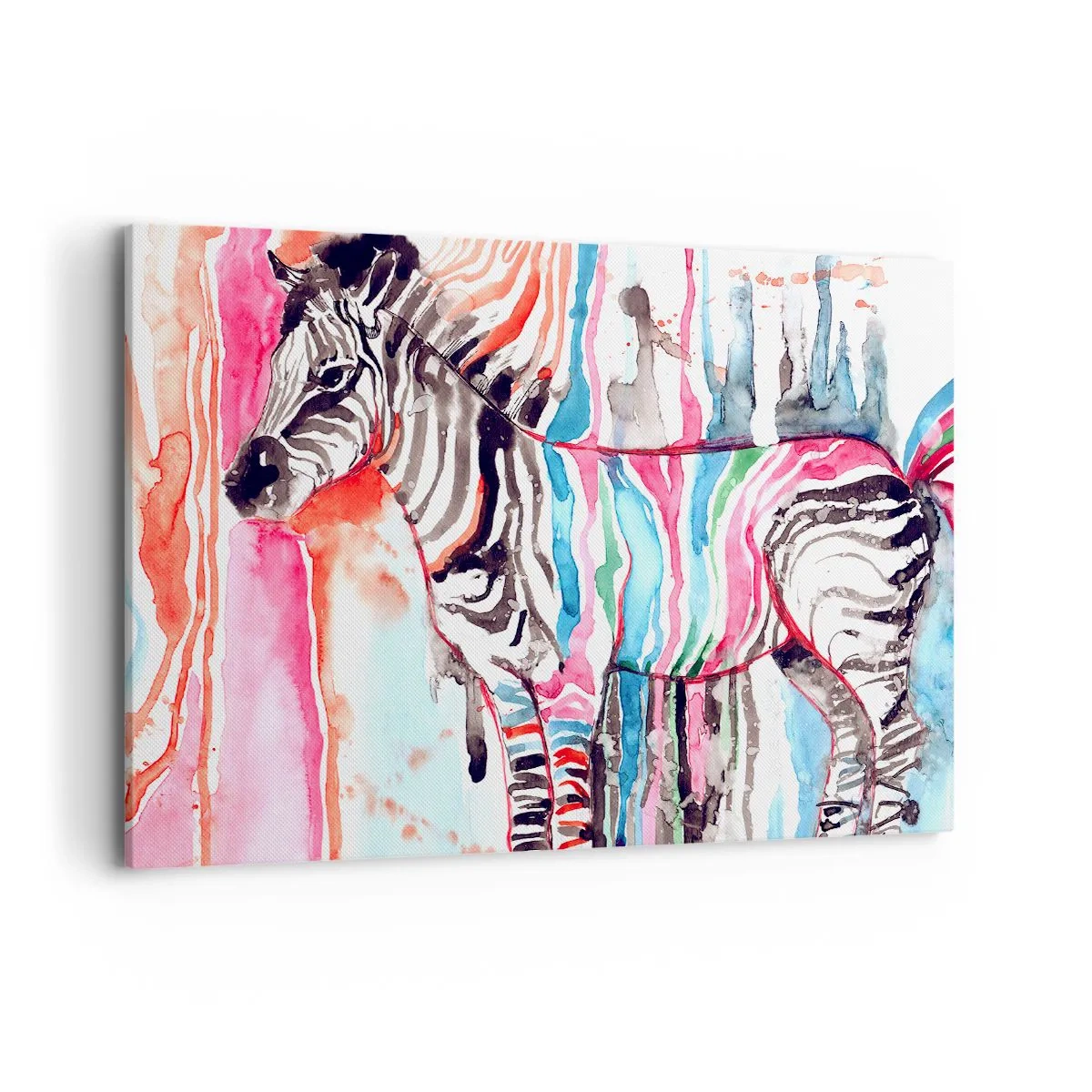 Impression sur toile - Image sur toile - Un zèbre coloré sur un fond de motifs abstraits à l'aquarelle - 120x80cm - Blague insouciante de la nature - Décoration murale moderne pour le salon et la chambre ARTTOR