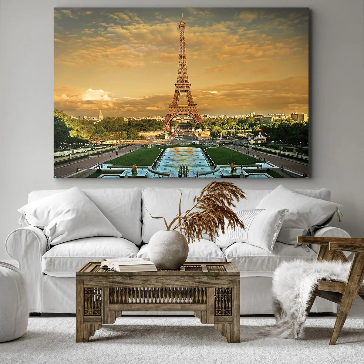 Impression sur toile - Image sur toile - La Tour Eiffel à Paris au coucher du soleil - 70x50cm - La reine de Paris - Décoration murale moderne pour le salon et la chambre ARTTOR