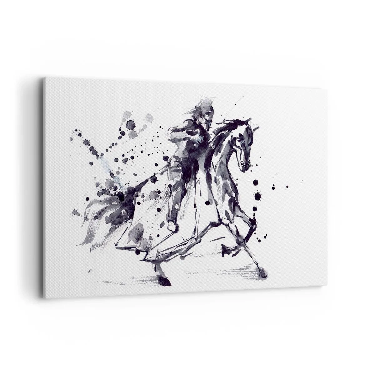 Impression sur toile - Image sur toile - Aquarelle noir et blanc d'un cavalier sur un cheval au galop - 120x80cm - Chevalier noir - Décoration murale moderne pour le salon et la chambre ARTTOR