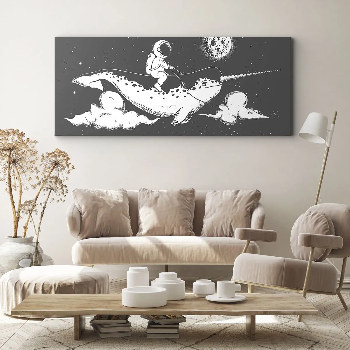 Impression sur toile - Image sur toile - Un astronaute sur le dos d'un narval flottant dans une scène spatiale. - 160x50cm - Cavalier de l'espace - Décoration murale moderne pour le salon et la chambre ARTTOR