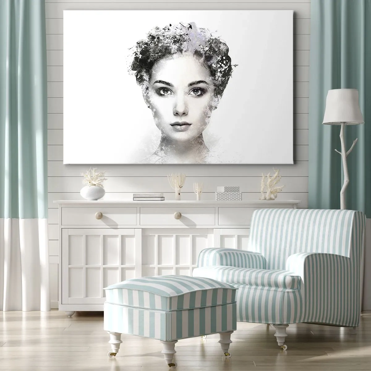 Impression sur toile - Image sur toile - Un portrait artistique d'une femme aux accents abstraits délicats. - 70x50cm - Un portrait extrêmement stylé - Décoration murale moderne pour le salon et la chambre ARTTOR