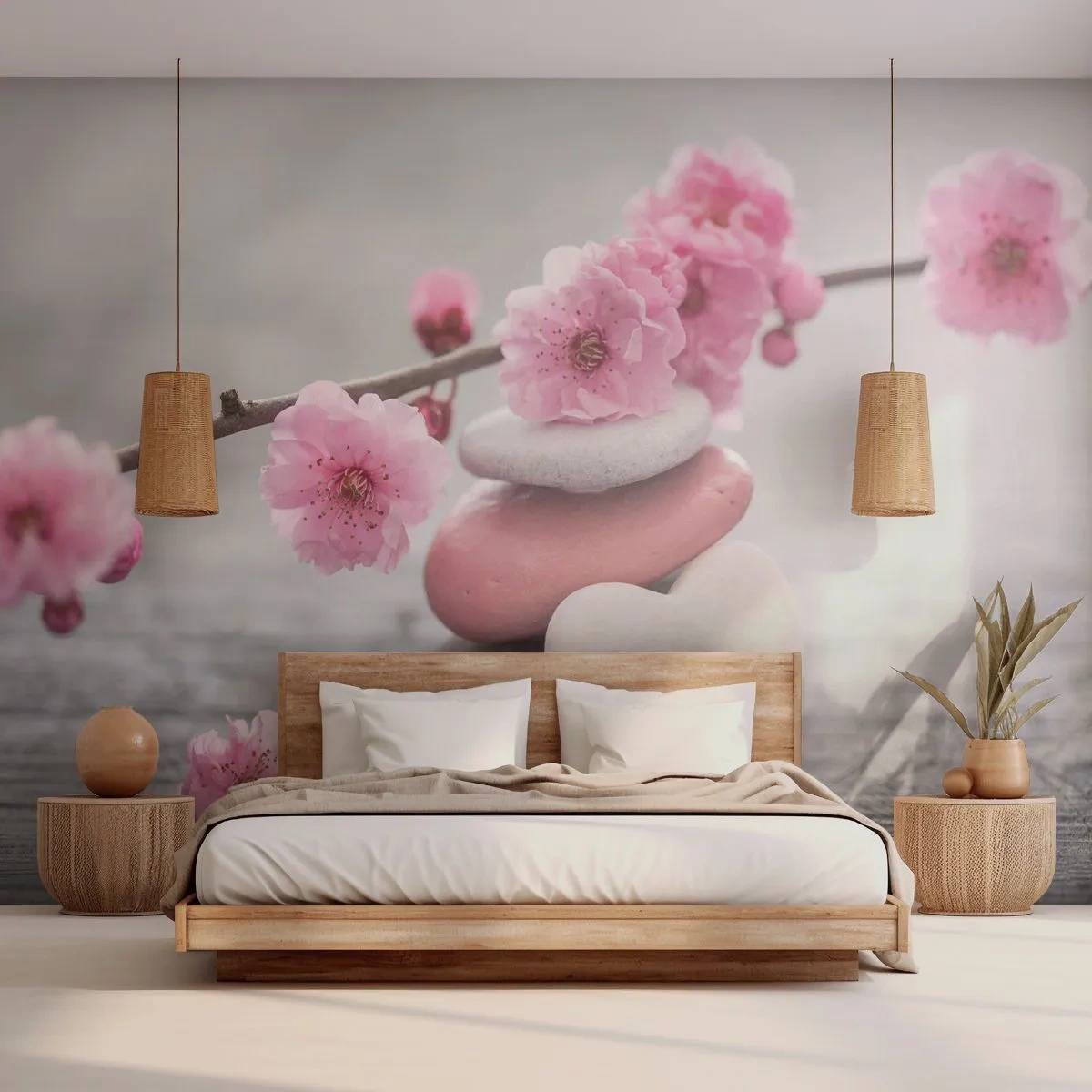 Papier Peint Autocollant Deluxe Sticker - Le bonheur avec une fleur de cerisier - Cœur, Fleur, Des pierres - 250x175 cm