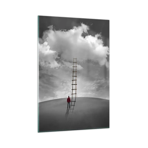 Impression sur verre - Image sur verre - Une personne portant un manteau rouge et une échelle menant à un nuage - 80x120cm - Tout est possible - Décoration murale moderne pour le salon et la chambre ARTTOR