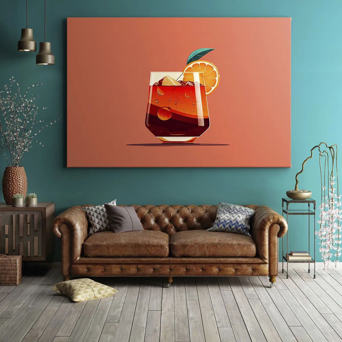 Impression sur toile - Image sur toile - Un verre de boisson et une tranche d'orange sur un fond orange - 70x50cm - Rafraîchissement d'été - Décoration murale moderne pour le salon et la chambre ARTTOR