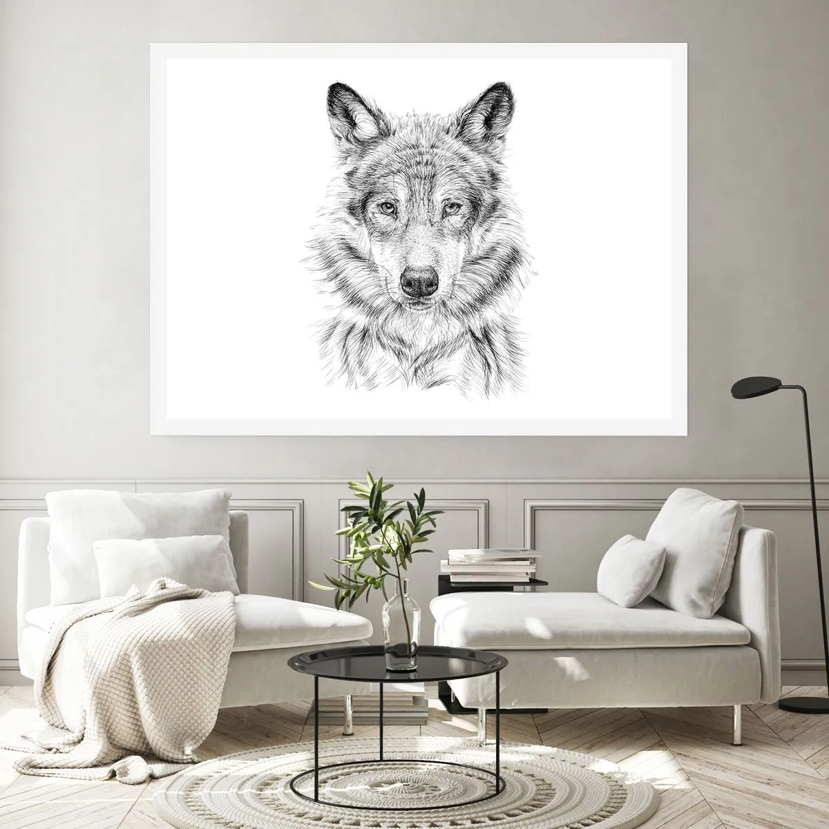 Affiche - Poster - Croquis d'une tête de loup dans un style monochrome sur fond blanc - 100x70cm - Un leader né - Décoration murale moderne pour le salon et la chambre ARTTOR