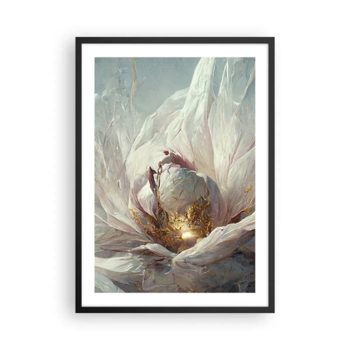 Affiche dans un cadre noir - Poster - Une abstraction subtile avec un motif floral dans des tons délicats de blanc et d'or. - 50x70cm - Il fleurit une fois tous les cent ans - Décoration murale moderne pour le salon et la chambre ARTTOR