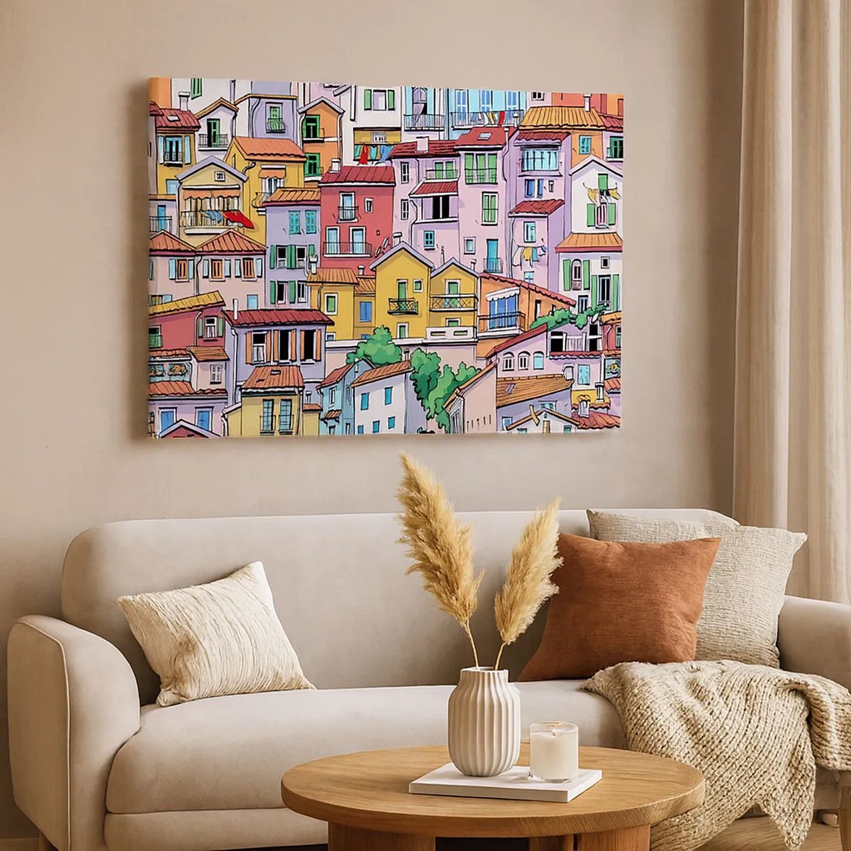 Impression sur toile - Image sur toile - Des immeubles colorés au style vivant et joyeux - 70x50cm - Ville joyeuse - Décoration murale moderne pour le salon et la chambre ARTTOR