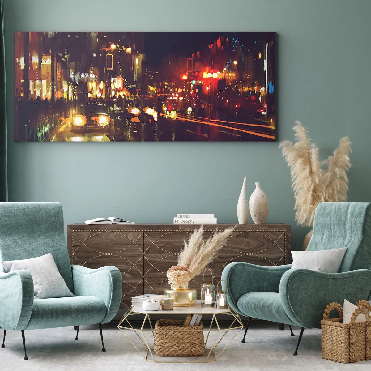 Impression sur toile - Image sur toile - Scène de ville nocturne avec des lumières colorées et des reflets dans la rue - 140x50cm - Immergé dans les lumières de la nuit - Décoration murale moderne pour le salon et la chambre ARTTOR