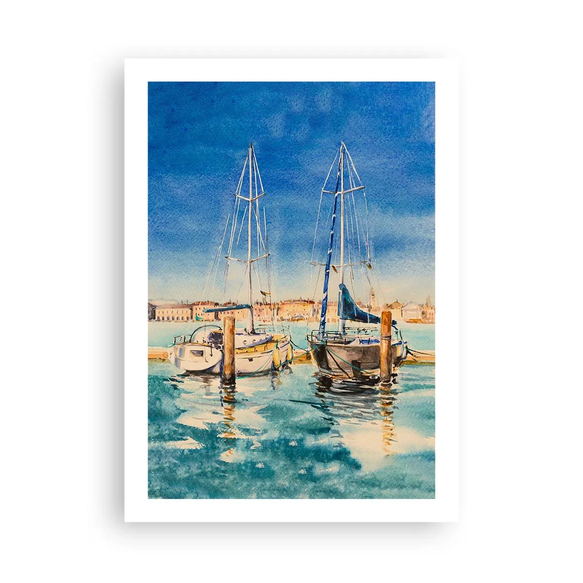 Affiche - Poster - Illustration à l'aquarelle de voiliers sur fond de lagon bleu par une journée ensoleillée. - 50x70cm - Lagune ensoleillée - Décoration murale moderne pour le salon et la chambre ARTTOR