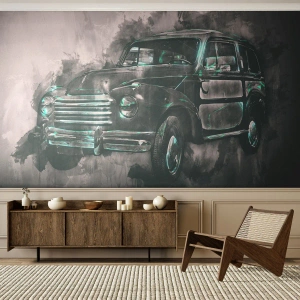 Papier Peint Photo Premium Sand - Dessin stylisé d'une voiture rétro dans des tons de gris - 100x70cm - Ancêtre respecté - Décoration murale moderne pour le salon et la chambre ARTTOR