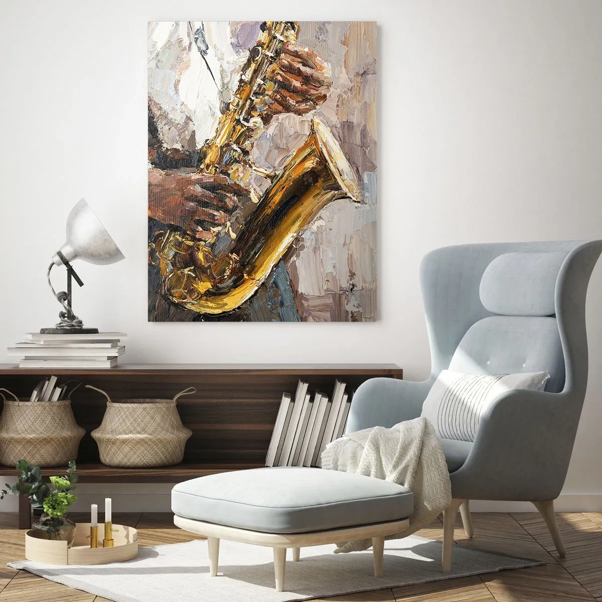 Impression sur verre - Image sur verre - Un musicien jouant du saxophone peint en utilisant la technique de l'empâtement - 50x70cm - C'est l'heure du solo - Décoration murale moderne pour le salon et la chambre ARTTOR