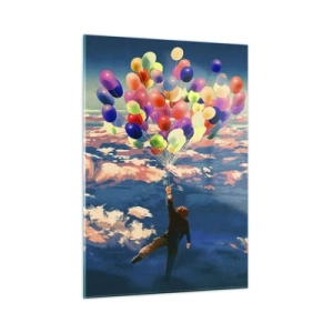 Impression sur verre - Image sur verre - Une silhouette portée dans les airs par des ballons colorés - 50x70cm - Un rêve d'enfant devenu réalité - Décoration murale moderne pour le salon et la chambre ARTTOR