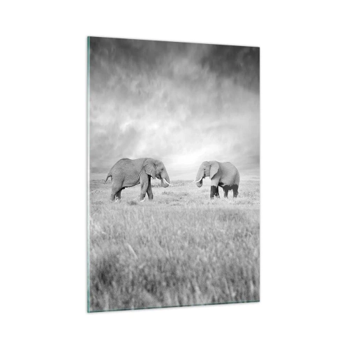 Impression sur verre - Image sur verre - Deux éléphants dans la savane dans des tons de noir et blanc - 50x70cm - Le gris est beau - Décoration murale moderne pour le salon et la chambre ARTTOR