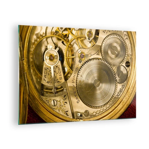 Impression sur verre - Image sur verre - Mécanisme de montre en finition dorée - 70x50cm - Marcher avec son temps - Décoration murale moderne pour le salon et la chambre ARTTOR