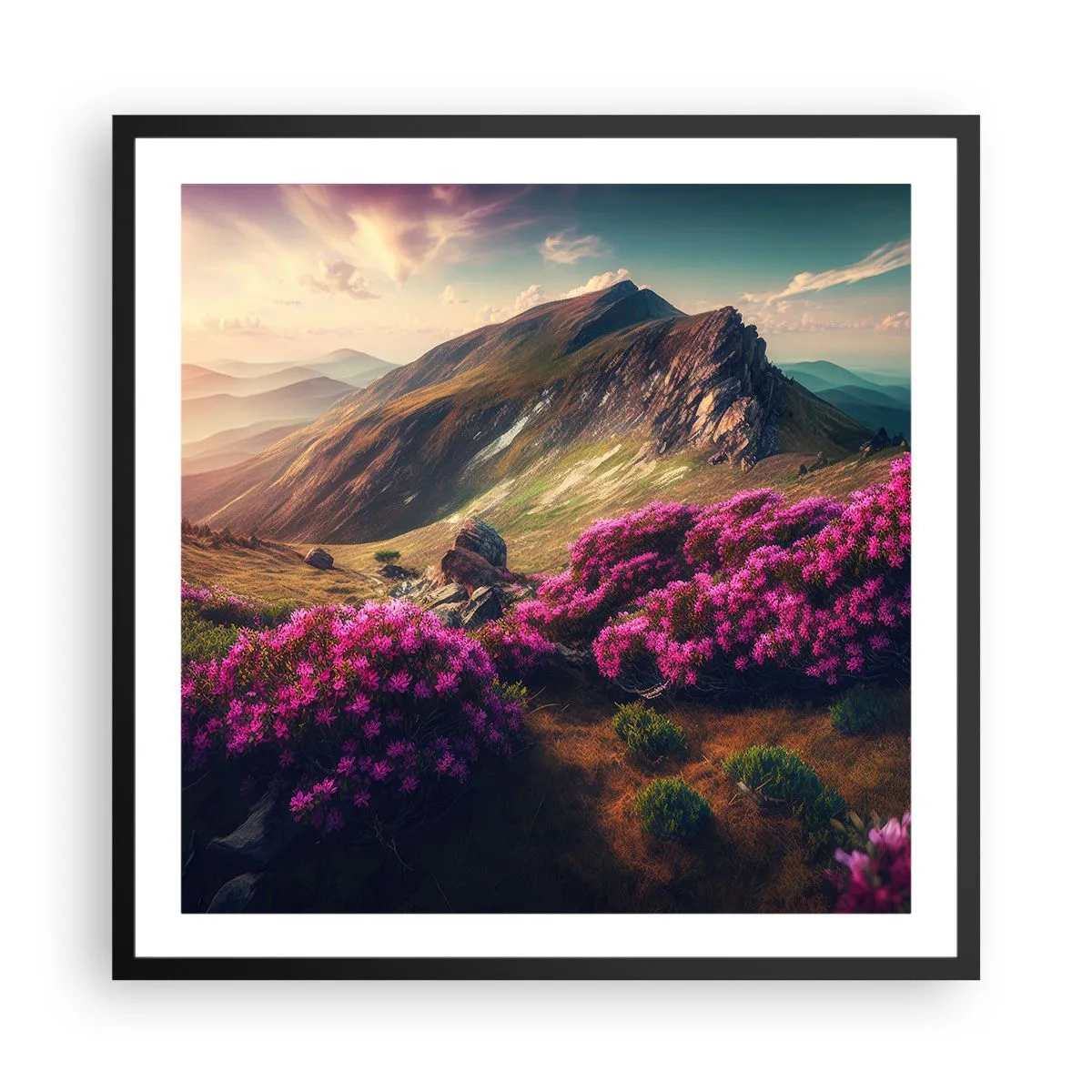 Affiche dans un cadre noir - Poster - L'été à la montagne - 60x60 cm