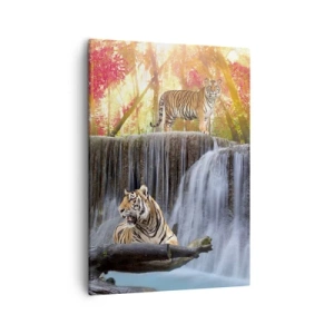Impression sur toile - Image sur toile - Tigres près d'une cascade dans la forêt d'automne - 50x70cm - Paysage surréaliste - Décoration murale moderne pour le salon et la chambre ARTTOR