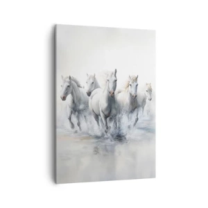 Impression sur toile - Image sur toile - Des chevaux blancs galopent dans l'eau - 50x70cm - Magie blanche - Décoration murale moderne pour le salon et la chambre ARTTOR