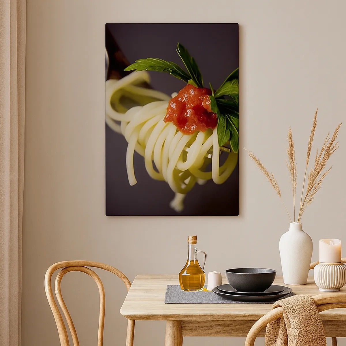 Impression sur toile - Image sur toile - Spaghettis à la fourchette avec sauce tomate et persil - 50x70cm - Une bouchée savoureuse - Décoration murale moderne pour le salon et la chambre ARTTOR