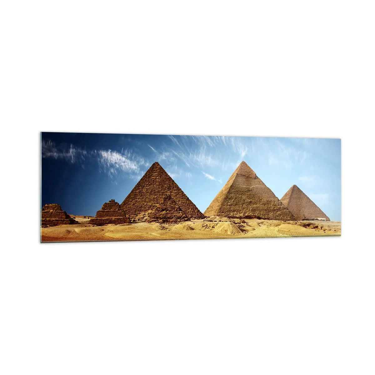 Impression sur verre - Image sur verre - Les pyramides de Gizeh contre un ciel bleu et un paysage désertique - 160x50cm - 40 siècles vous regardent - Décoration murale moderne pour le salon et la chambre ARTTOR