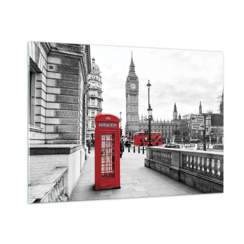 Impression sur verre - Image sur verre - Londres en noir et blanc avec une cabine téléphonique rouge et un bus - 100x70cm - Sans aucun doute Londres - Décoration murale moderne pour le salon et la chambre ARTTOR