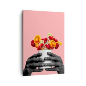 Impression sur toile - Image sur toile - Mains tenant un bouquet de fleurs colorées - 50x70cm - Apothéose de la vie - Décoration murale moderne pour le salon et la chambre ARTTOR
