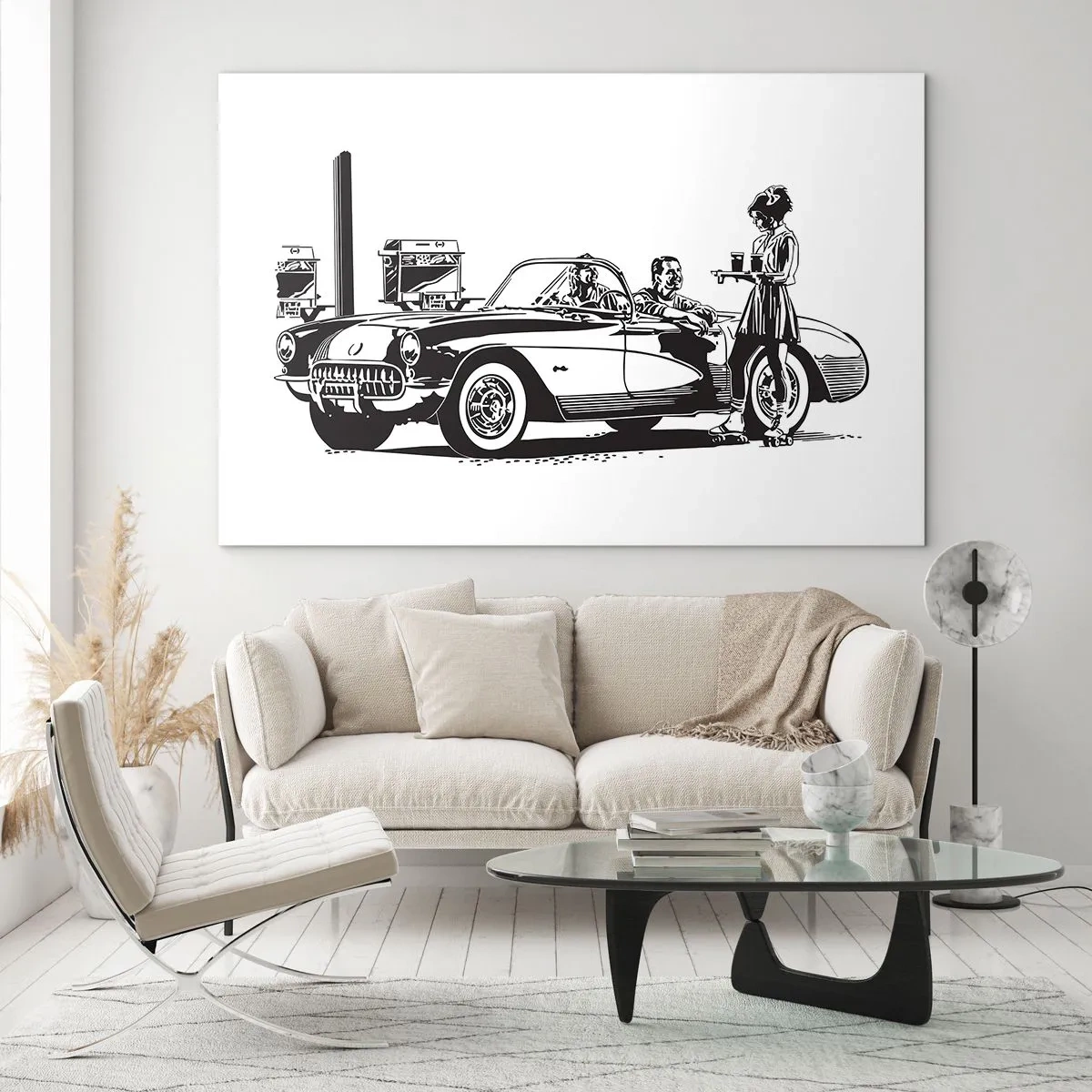 Impression sur verre - Image sur verre - Graphiques créatifs avec une voiture classique et des personnages - 70x50cm - 60's - Amérique insouciante - Décoration murale moderne pour le salon et la chambre ARTTOR