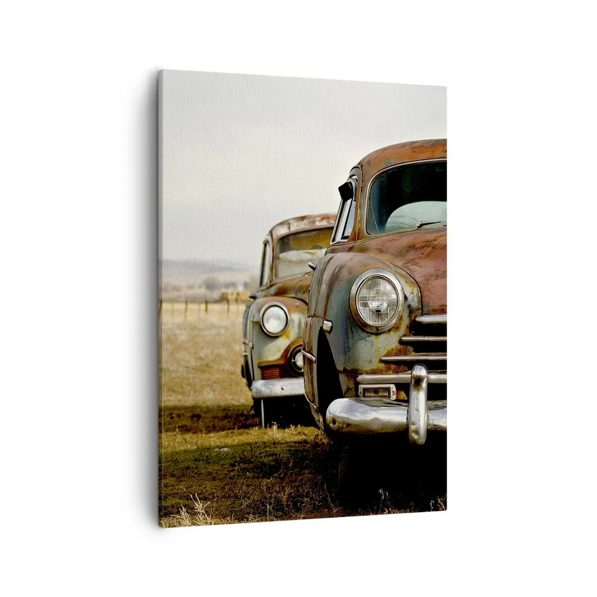 Impression sur toile - Image sur toile - Deux vieilles voitures sur un chemin de terre à côté d'une clôture en bois - 50x70cm - Repos bien mérité - Décoration murale moderne pour le salon et la chambre ARTTOR