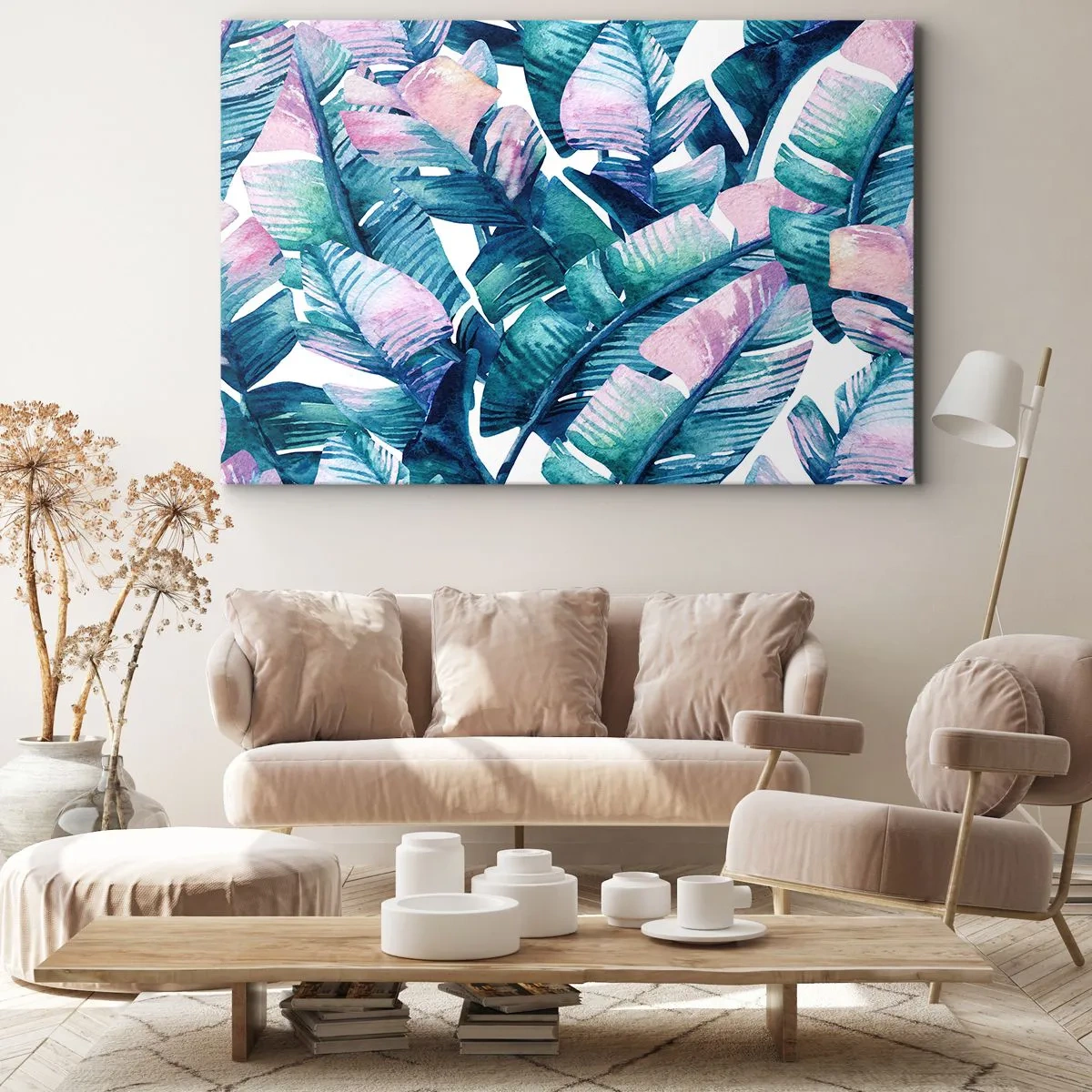 Impression sur toile - Image sur toile - Feuilles de bananier dans les tons bleu et rose - 70x50cm - Dans une bananeraie - Décoration murale moderne pour le salon et la chambre ARTTOR