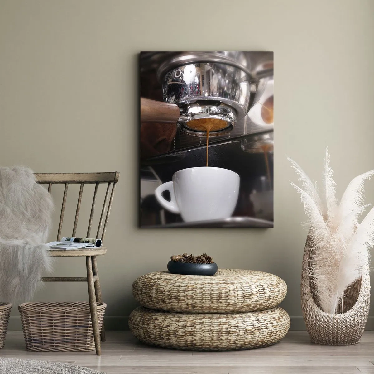Impression sur toile - Image sur toile - Gros plan d'une machine à café préparant un expresso frais - 50x70cm - Bon moment de la journée - Décoration murale moderne pour le salon et la chambre ARTTOR