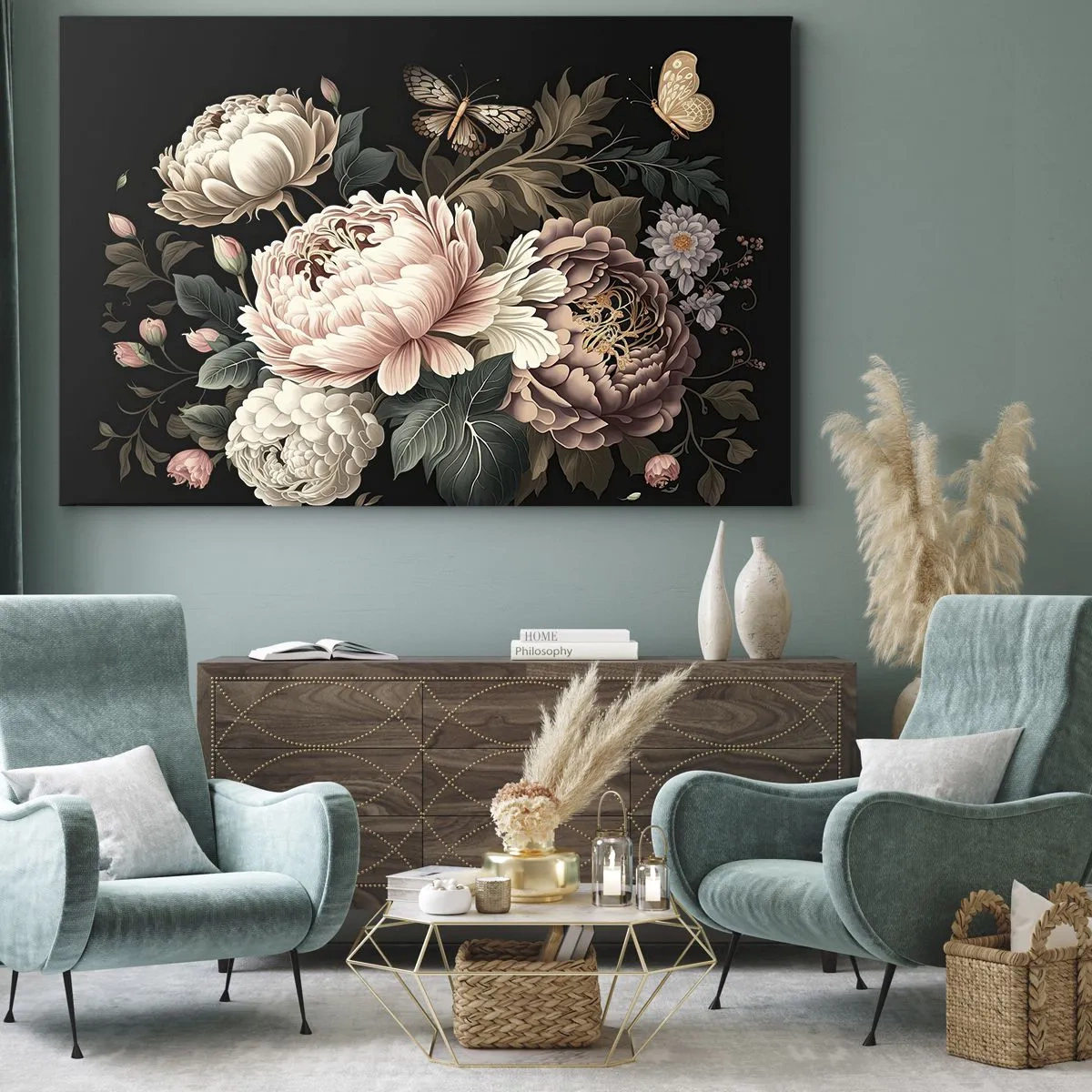 Impression sur toile - Image sur toile - Un bouquet de fleurs roses et de papillons sur fond noir - 120x80cm - De style baroque - Décoration murale moderne pour le salon et la chambre ARTTOR