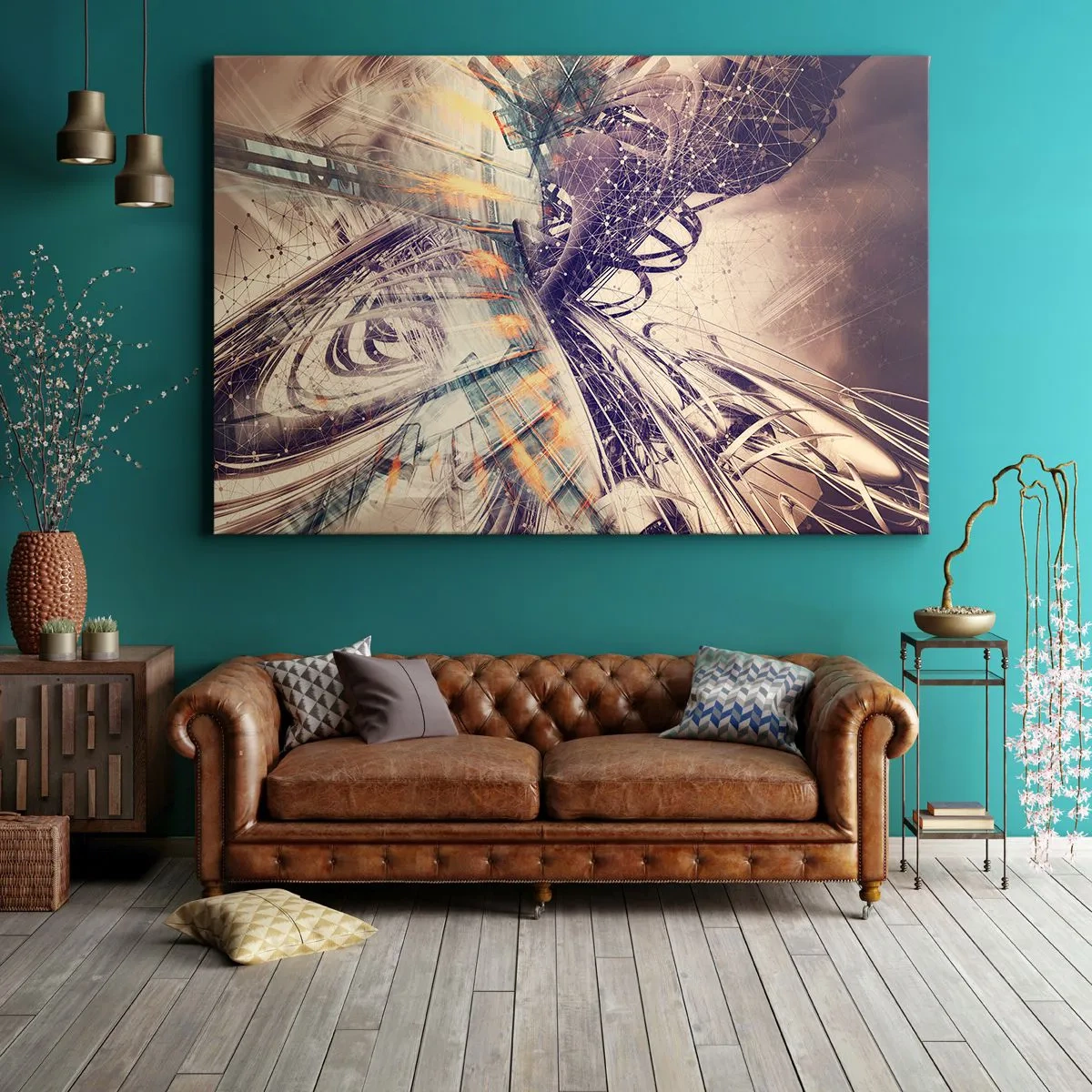 Impression sur toile - Image sur toile - Abstraction dynamique dans les tons beige et violet - 70x50cm - En grande hâte - Décoration murale moderne pour le salon et la chambre ARTTOR
