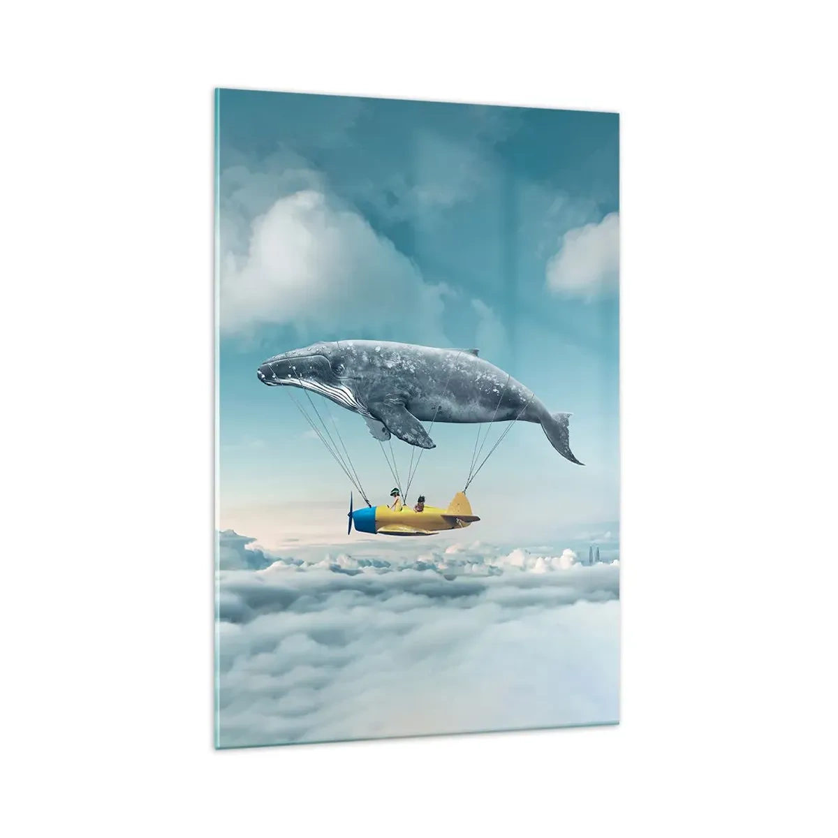 Impression sur verre - Image sur verre - Une baleine volante transporte un avion dans un décor surréaliste. - 70x100cm - Pourquoi pas? - Décoration murale moderne pour le salon et la chambre ARTTOR