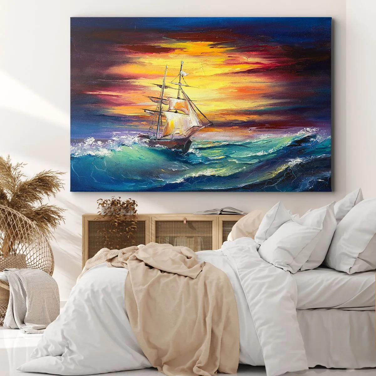 Impression sur toile - Image sur toile - Un voilier sur fond de coucher de soleil coloré - 70x50cm - Courageusement sous les vagues - Décoration murale moderne pour le salon et la chambre ARTTOR