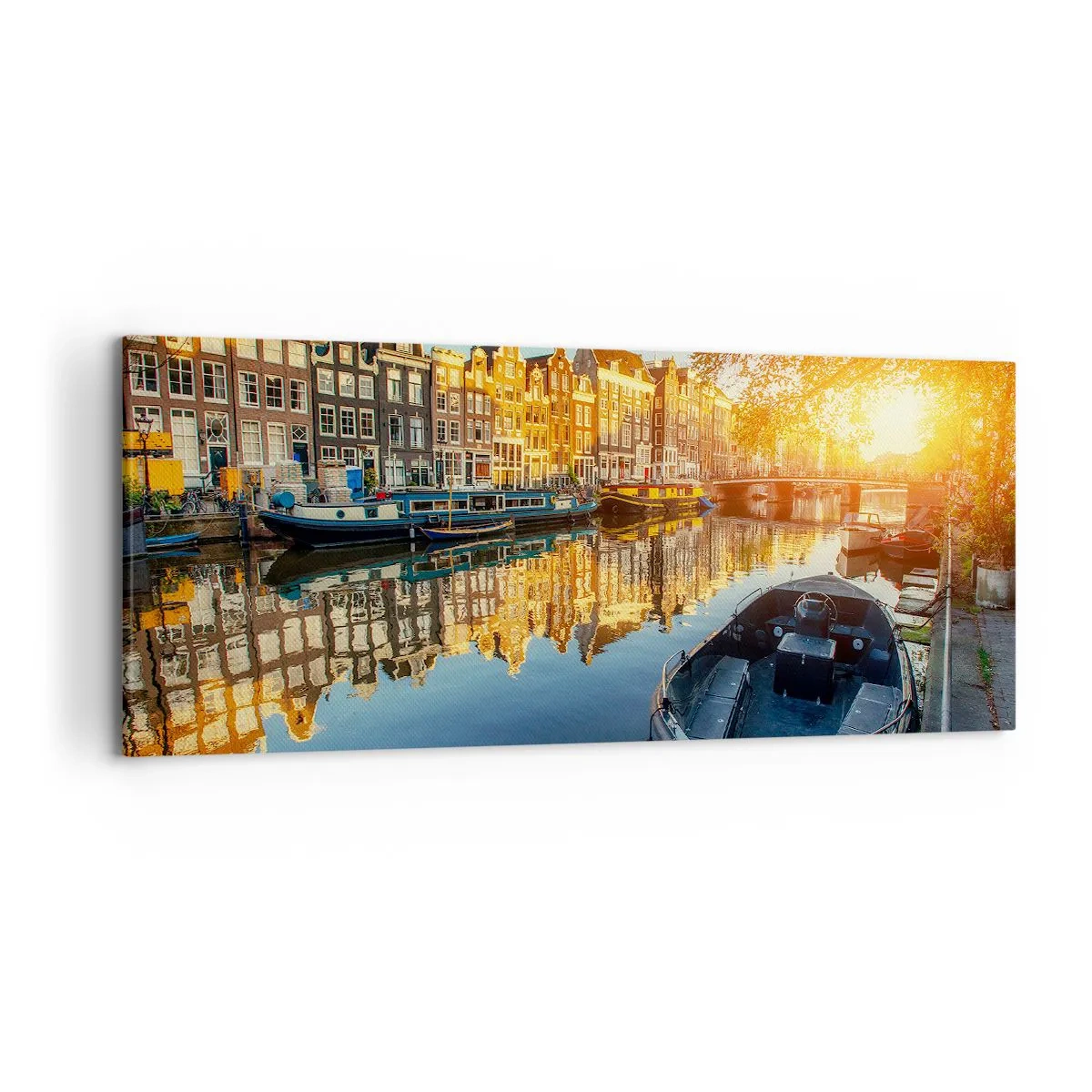 Impression sur toile - Image sur toile - Canal d'Amsterdam au coucher du soleil - 120x50cm - Début de journée à Amsterdam - Décoration murale moderne pour le salon et la chambre ARTTOR