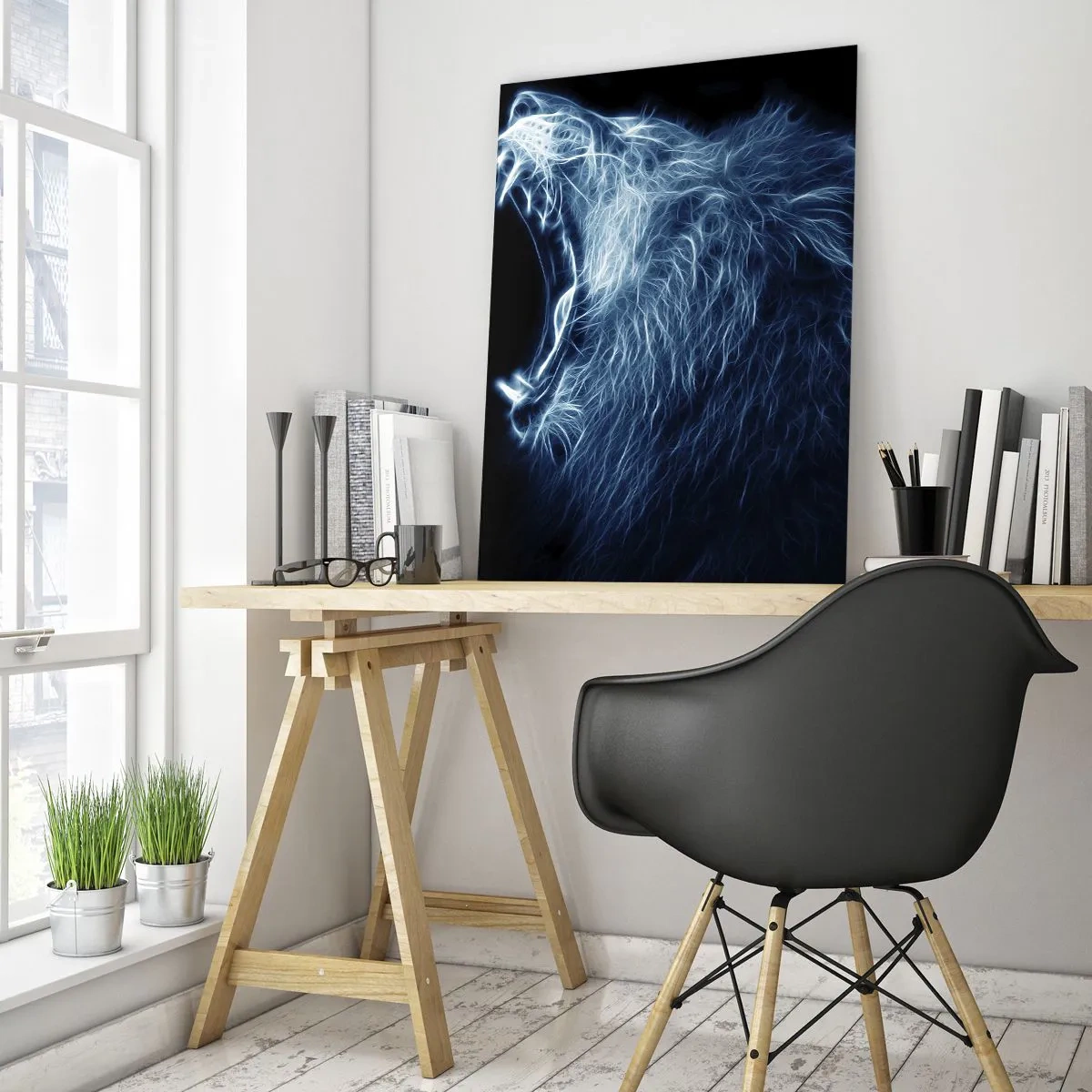 Impression sur verre - Image sur verre - Un visage saisissant de lion dans un style néon - 80x120cm - La colère ardente du roi - Décoration murale moderne pour le salon et la chambre ARTTOR