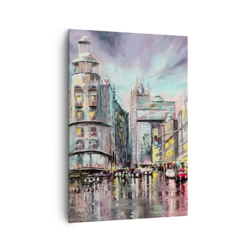 Impression sur toile - Image sur toile - Vue nocturne de la ville avec des reflets sur la rue mouillée - 70x100cm - Ce sera une soirée réussie - Décoration murale moderne pour le salon et la chambre ARTTOR