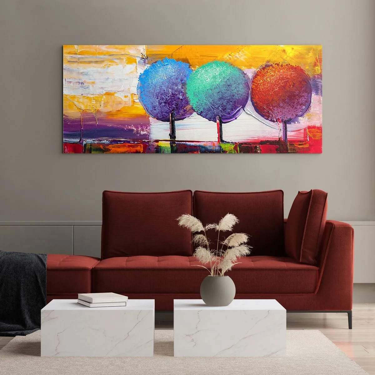 Impression sur verre - Image sur verre - Trois arbres colorés sur un fond abstrait - 120x50cm - Art jusqu'à trois - Décoration murale moderne pour le salon et la chambre ARTTOR