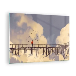 Impression sur verre - Image sur verre - Un homme sur un pont en bois entouré de nuages - 70x50cm - Bleu nostalgie - Décoration murale moderne pour le salon et la chambre ARTTOR