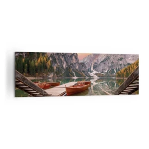 Impression sur toile - Image sur toile - Lac de montagne avec bateaux au coucher du soleil - 160x50cm - Promesse du jour - Décoration murale moderne pour le salon et la chambre ARTTOR