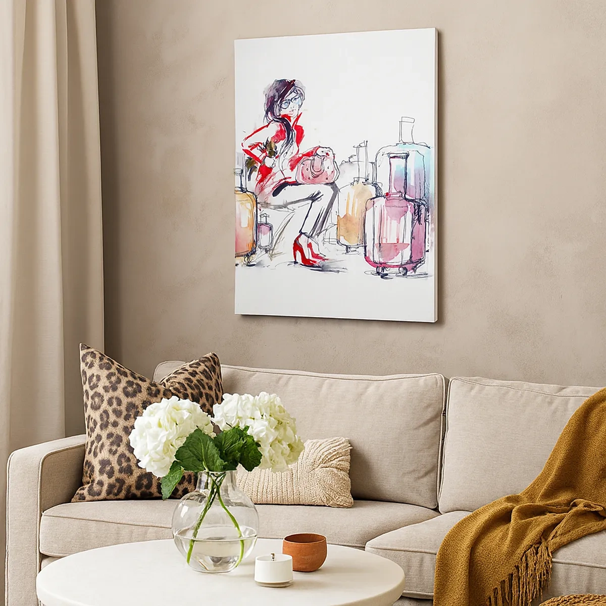 Impression sur toile - Image sur toile - Une femme avec des valises dans une illustration aquarelle dynamique - 50x70cm - Asseyons-nous avant le voyage - Décoration murale moderne pour le salon et la chambre ARTTOR