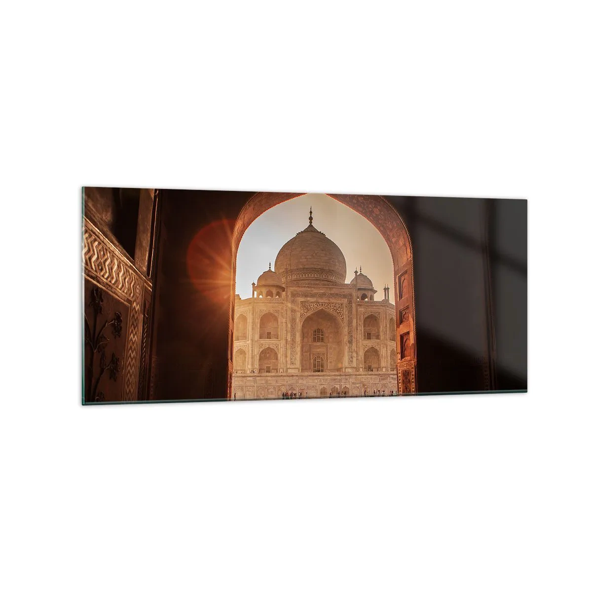 Impression sur verre - Image sur verre - Le Taj Mahal au soleil vu depuis l'arche de la porte - 120x50cm - Un monument à l'amour surnaturel - Décoration murale moderne pour le salon et la chambre ARTTOR