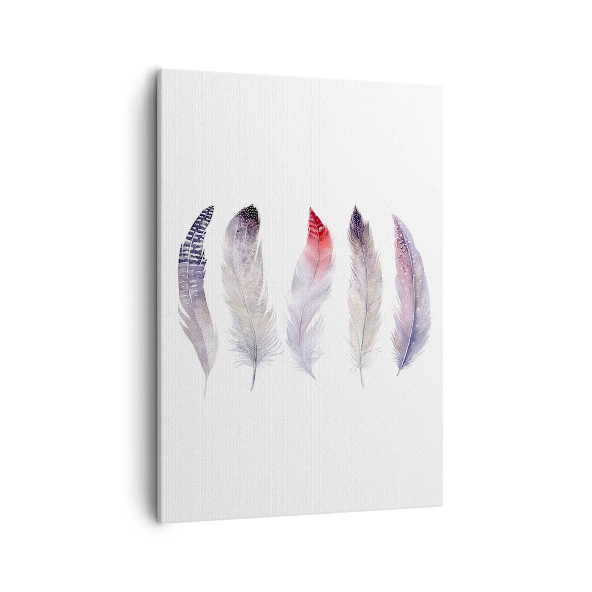 Impression sur toile - Image sur toile - Cinq plumes délicates aux tons pastel sur fond clair - 50x70cm - Délicat comme un brouillard multicolore - Décoration murale moderne pour le salon et la chambre ARTTOR