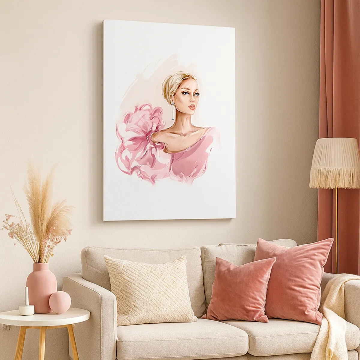 Impression sur toile - Image sur toile - Portrait d'une femme en robe rose sur fond clair - 50x70cm - Comme peinte... - Décoration murale moderne pour le salon et la chambre ARTTOR