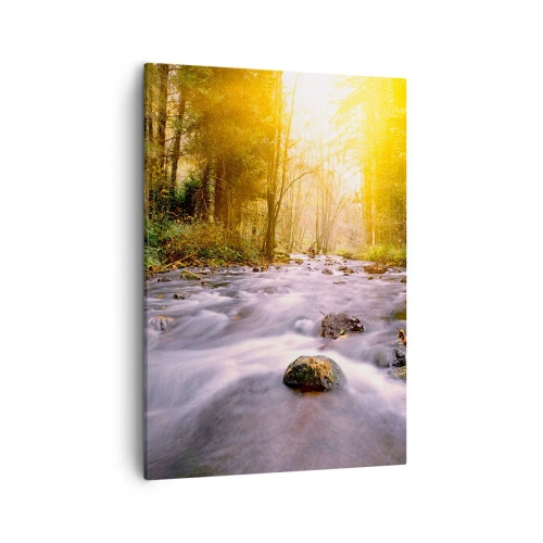 Impression sur toile - Image sur toile - Un ruisseau forestier illuminé par les rayons du soleil - 50x70cm - Malachite dans un cadre argent et or - Décoration murale moderne pour le salon et la chambre ARTTOR