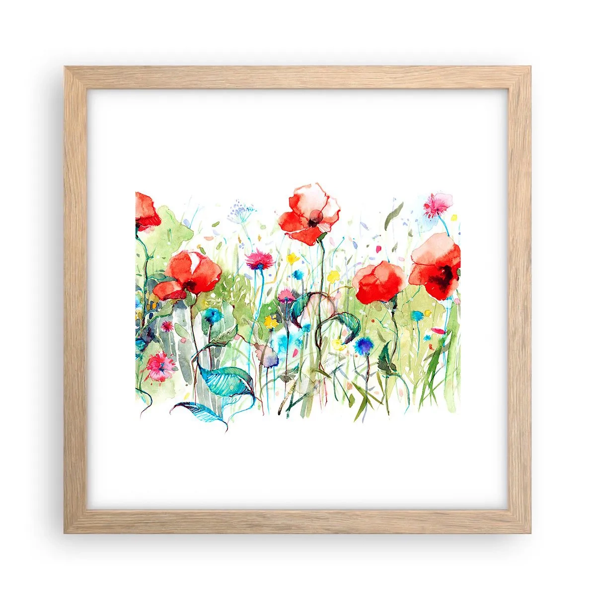 Affiche dans un chêne clair - Poster - Prairie de fleurs en mai - 30x30 cm