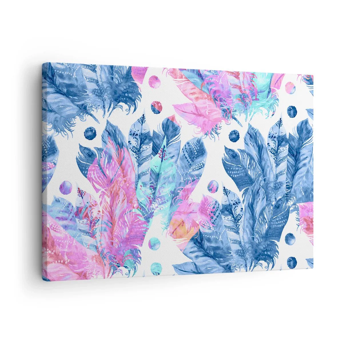 Impression sur toile - Image sur toile - Motif abstrait avec des plumes colorées dans des tons pastel - 70x50cm - Plumes en rose et bleu - Décoration murale moderne pour le salon et la chambre ARTTOR