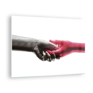 Impression sur verre - Image sur verre - Gros plan de deux mains, l'une en noir, l'autre en rouge, se tenant l'une l'autre - 70x50cm - Ensemble, bien que différents - Décoration murale moderne pour le salon et la chambre ARTTOR