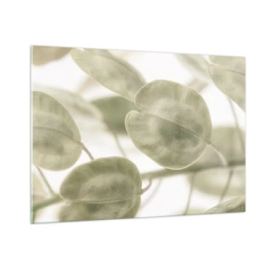 Impression sur verre - Image sur verre - Gros plan de feuilles dans des tons pastel doux de vert - 100x70cm - Au commencement il y avait des feuilles... - Décoration murale moderne pour le salon et la chambre ARTTOR